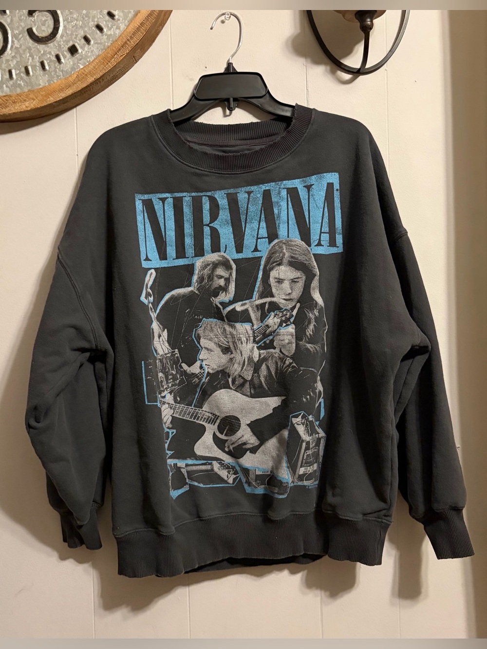 American Eagle Outfitters Nirvana Graphic Crewneck - Gray & Blue Mfg distressed